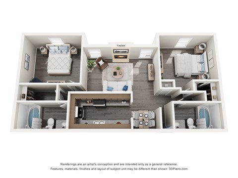 Floor plan for 2 beds, 2 baths, 1064 sqft